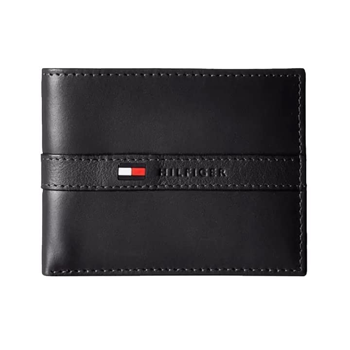 Tommy Hilfiger Men's Leather Wallet Ranger Passcase Slim Bifold with 6 Credit Card Pockets and Removable ID Window - Black