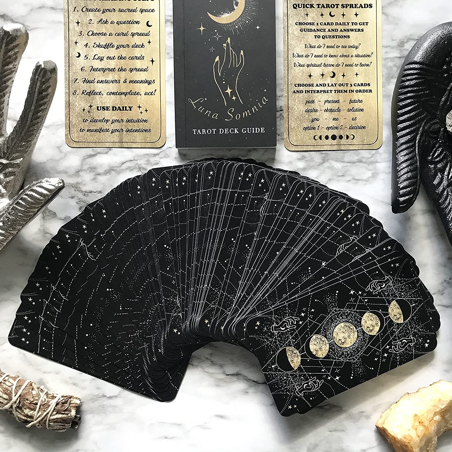 Luna Somnia Tarot Deck with Guidebook & Box - 78 Cards Complete Full Deck - Moon Dreams Starry Celestial Astrology Witchy Black Gold Divination Tool (2nd)