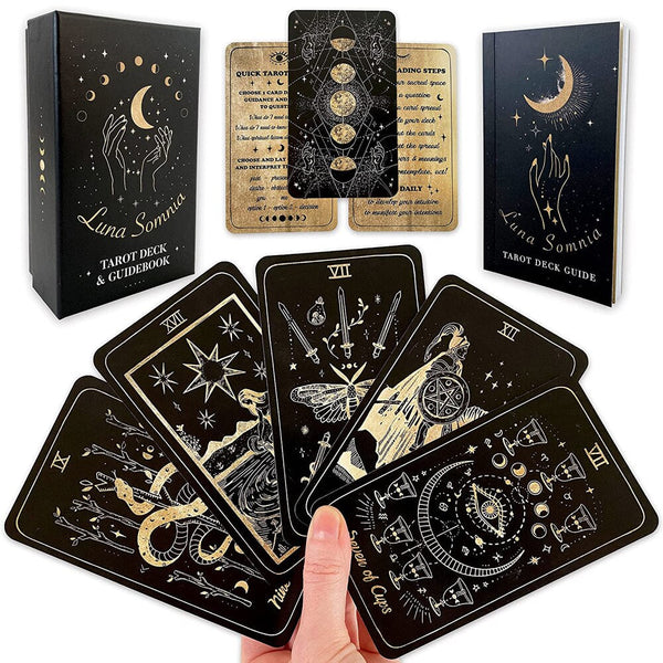 Luna Somnia Tarot Deck with Guidebook & Box - 78 Cards Complete Full Deck - Moon Dreams Starry Celestial Astrology Witchy Black Gold Divination Tool