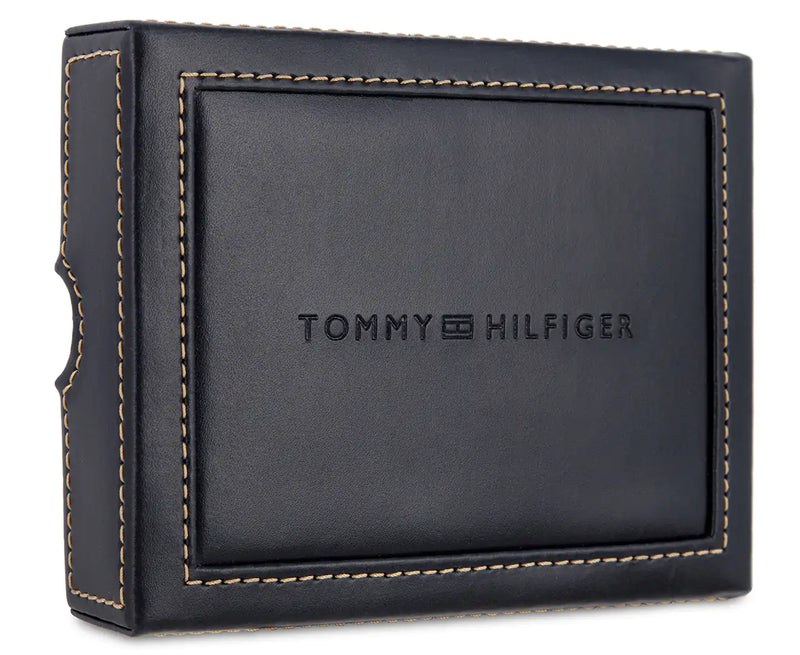 Tommy Hilfiger Men's Leather Wallet Slim Bifold with 6 Credit Card Pockets and Removable ID Window - Navy
