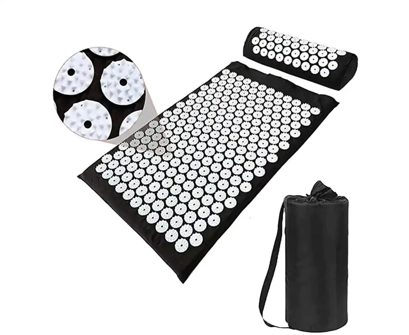 Acupressure Mat + Pillow + Bag Set Deluxe Combo Back and Neck Pain Relief, Black/White