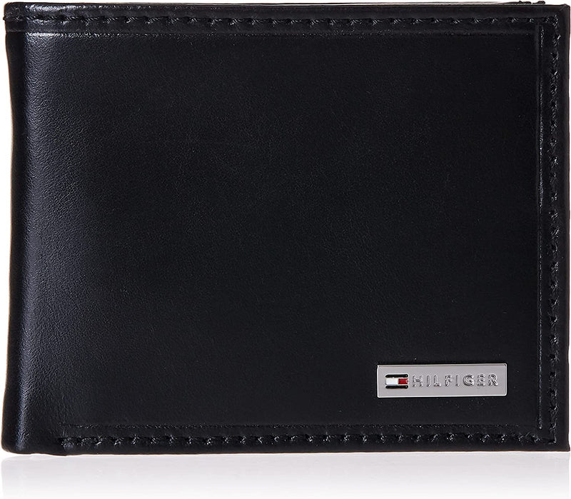 Tommy Hilfiger Leather Passcase Men's Wallet with ID Pocket + Metal Logo, Black Plaque