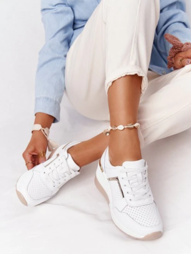 Fashionable White Gold Casual Women's Lace-Up Sports Wedge Sneakers Rubber Shoes